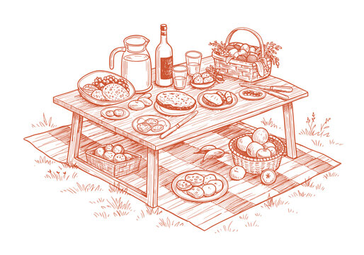 Picnic Table with Food and Drinks in Outdoor Setting, Hand-Drawn Terracotta Line Sketch – Summer BBQ Picnic Scene, Outdoor Gathering Concept for Menus, Event Invitations, Food Packaging, Promotional M
