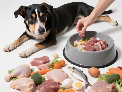 A dog lying on the floor with raw meat, fish, and vegetables next to it.