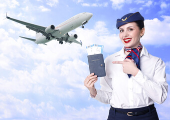 Happy stewardess pointing at passport with flight tickets against sky and plane