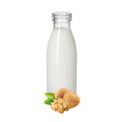 Nut milk in glass bottle and walnuts isolated on white