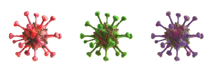 Red, green, purple 3D virus object wrapped in chains. Pathogen, Bacteria. Stop the spread of germs medical, virology and Graphic elements. PNG file. 3D Illustration.