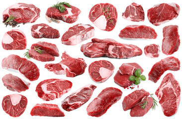 Pieces of raw beef meat and spices isolated on white, collage