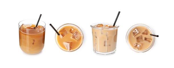 Refreshing iced coffee drinks in different glasses isolated on white, set. Top and side view