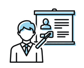 An illustrated person gives a presentation with a pointer.