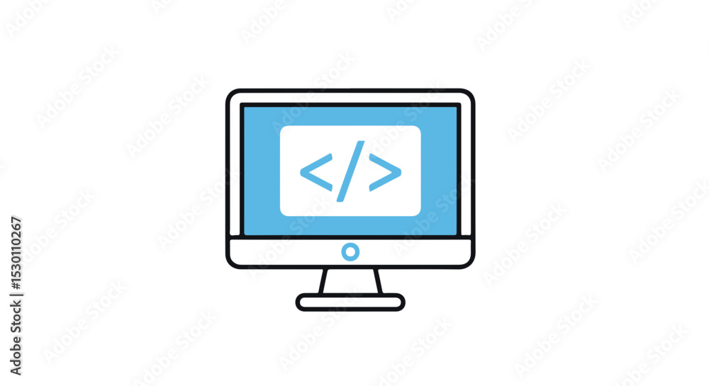 Poster stylized illustration of a monitor displaying code tag on a white background.