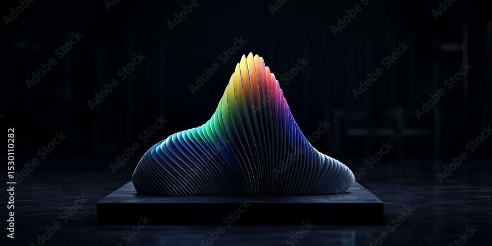 Poster colorful sculpture is displayed in a dark room. the sculpture is made of paper and has a unique, abs