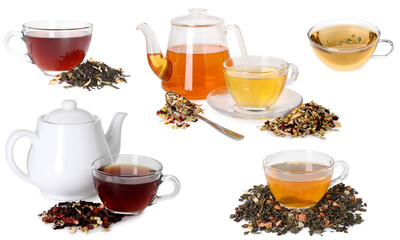 Herbal tea in glass cups and teapots isolated on white, collage