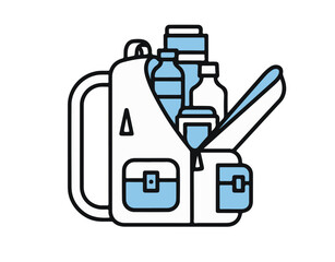 A backpack filled with bottles and containers.