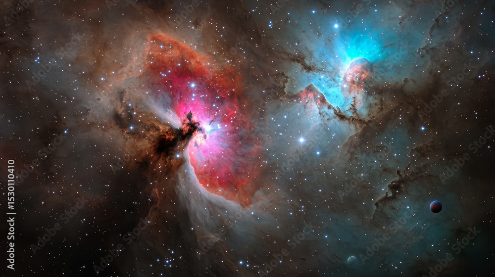Poster Colorful space scene with a red and orange object in the middle. The image is vibrant and full of life