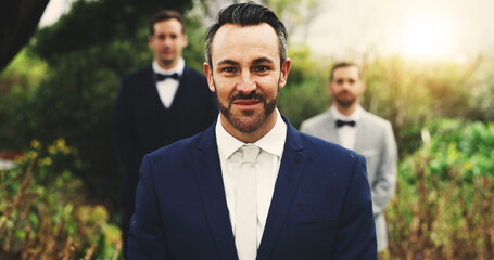 Wedding, groom and portrait of man in nature for marriage ceremony, celebration and reception. Save...