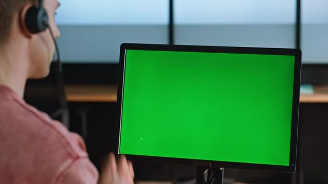 Corporate manager looking greenscreen talking headset at light workplace closeup