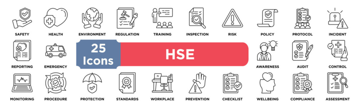 HSE icon collection set. Containing safety,health,environment,regulation,training,inspection,risk,policy,protocol,incident icon. Simple line vector