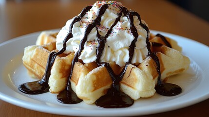 Delicious waffles topped with whipped cream and chocolate sauce