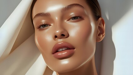 Close-up Beauty Portrait of Woman with Glowing Skin and Hydrated Lips
