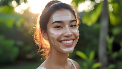 Happy Young Asian Woman Applying Sunscreen Outdoors Portrait