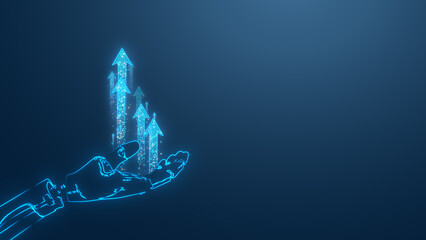 Digital hand showcasing futuristic arrows, symbolizing growth and progress in technology and business.