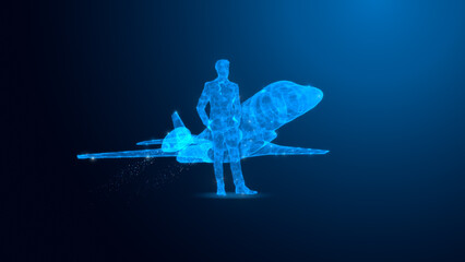 A futuristic representation of a pilot standing beside a sleek jet, depicted in a glowing blue digital design, symbolizing innovation in aviation.