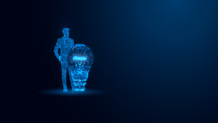 A futuristic scene depicting a hologram of a light bulb with a silhouette of a person, representing innovation and creative ideas in technology.