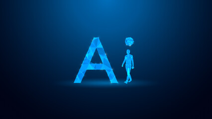 Futuristic concept of artificial intelligence with a blue glow. A human figure stands beside a stylized letter 'A', symbolizing innovation and progress.