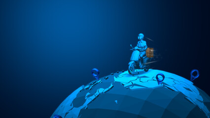 Futuristic Delivery Rider on Motorcycle Navigating Digital Global Map with GPS Markers, Technology and Logistics Concept