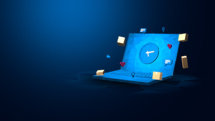 A modern blue laptop with digital icons representing connectivity, communication, and online activity on a dark background.