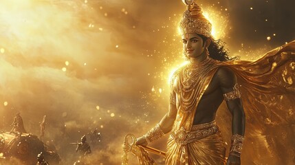 Golden Lord Krishna Warrior with Sword on Battlefield