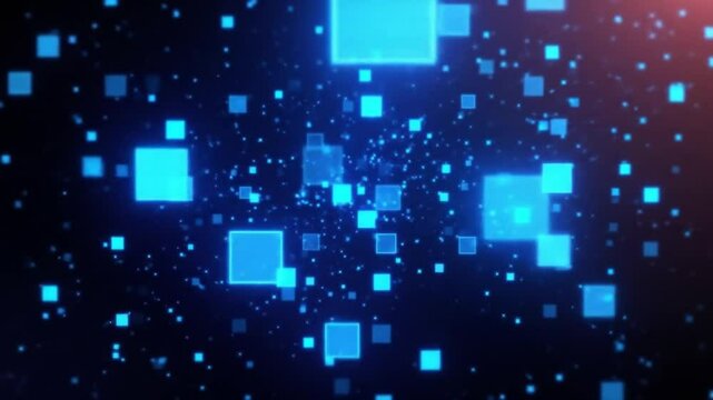 Dynamic blue squares floating against a dark background creating a futuristic digital space