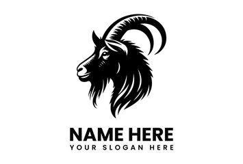 Detailed black silhouette vector logo of a strong goat head with large curved horns, suitable for farming or agriculture themes. Animal concept