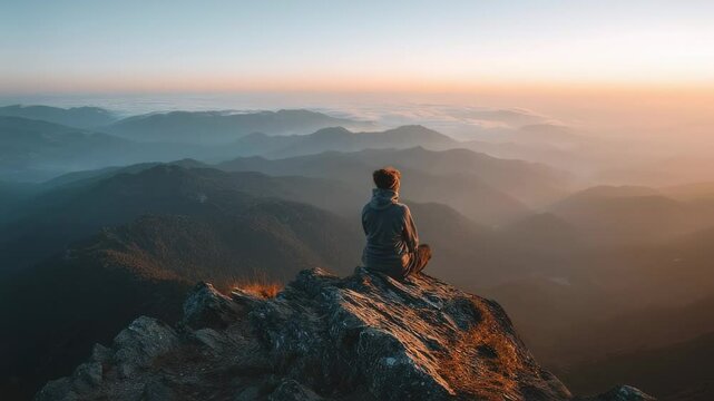 A person sitting on a mountaintop, surrounded by a breathtaking vista of peaks and valleys, with a faint smile of contentment on their face as they lose themselves in the silence of