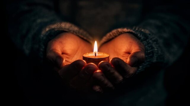 An image of a person holding a small candle in a dark room, representing the flicker of hope and belief in a greater power during challenging and uncertain times.
