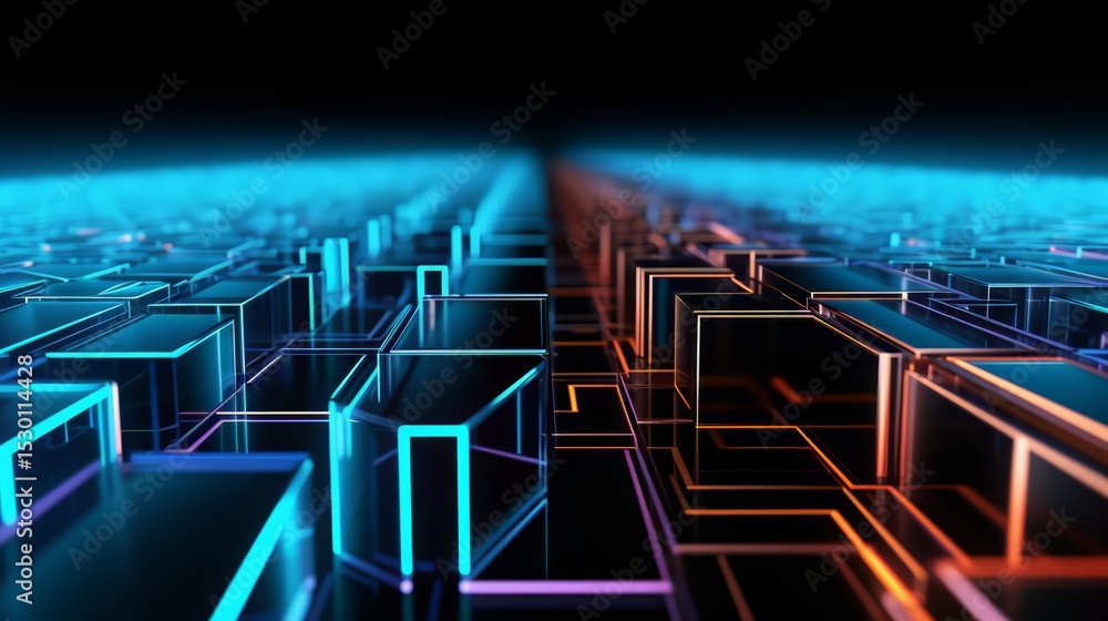 Poster Computer generated image of a cityscape with blue and orange blocks. The blocks are arranged in a grid pattern, with some blocks overlapping each other. The image has a futuristic