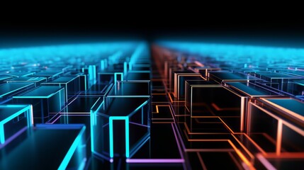 Computer generated image of a cityscape with blue and orange blocks. The blocks are arranged in a grid pattern, with some blocks overlapping each other. The image has a futuristic