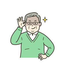 眼鏡を上げて悪巧みしてニヤける太った高齢男性