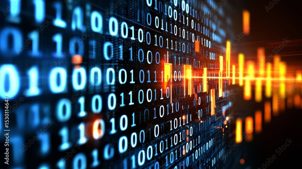 Poster Computer screen with a lot of numbers and a red line. The numbers are in binary code and the red line is an error message. Scene is serious and technical