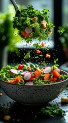 Fresh salad being tossed with greens, radish, and croutons