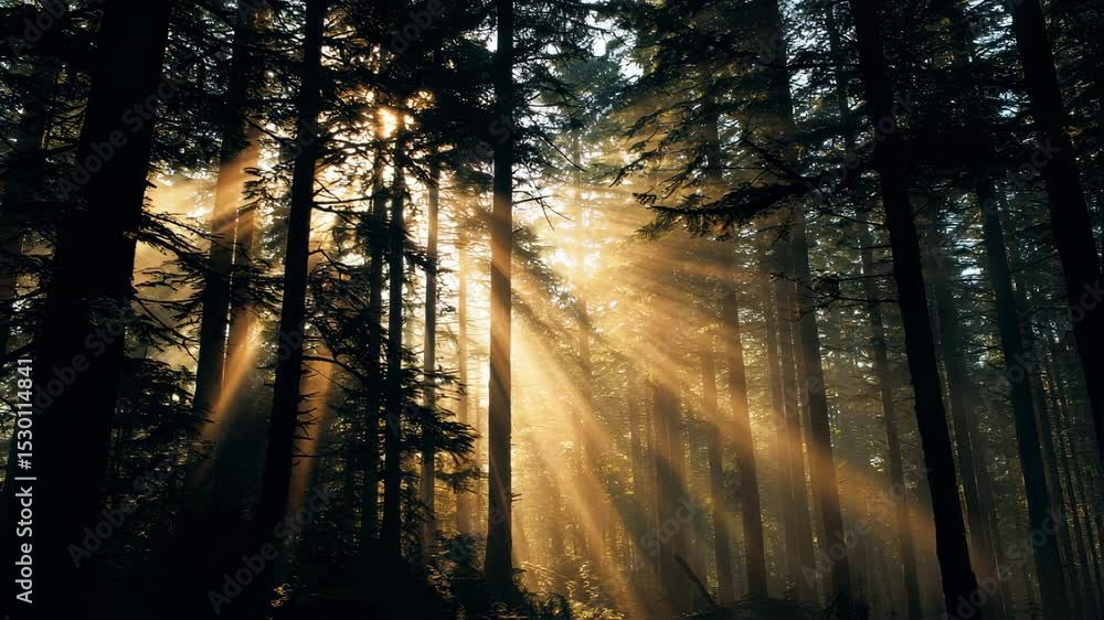 Poster concept photo of a forest with beams of golden light piercing through the dense tree canopy, creatin