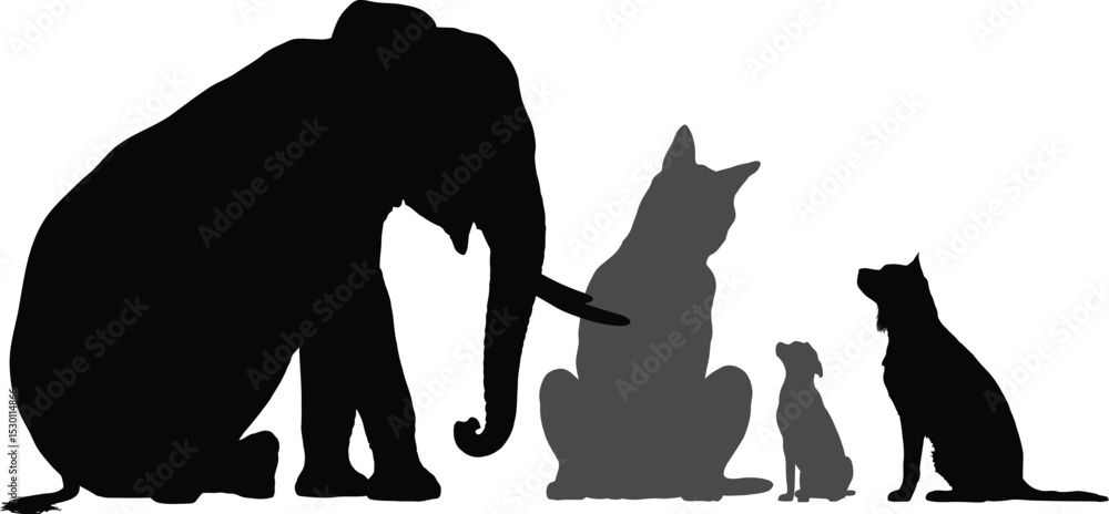 Poster silhouette of an elephant with two dogs and a cat sitting in a row view