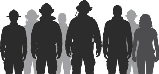 Silhouette of firefighters and emergency responders standing together tightly