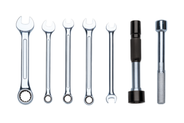 Flat-lay studio photo Allen wrench set with ratchet socket extension, no background