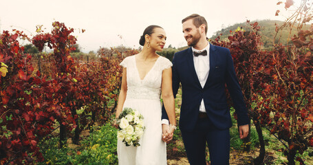 Bride, groom and happy couple holding hands at vineyard for love, marriage or walk at event. Wedding, man and woman at winery outdoor with flowers for romantic commitment, care or celebration on farm © peopleimages.com