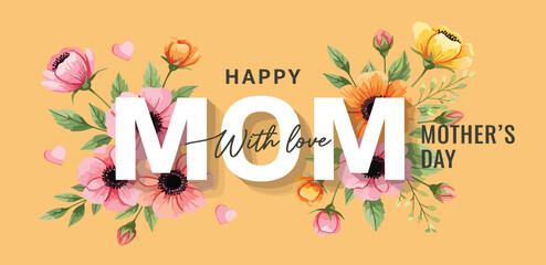 Naklejka premium Trendy Mother's Day card, banner, poster, flyer, label or cover with flowers frame, abstract floral pattern in mid century art style. Spring summer bright abstract floral design template for ads promo