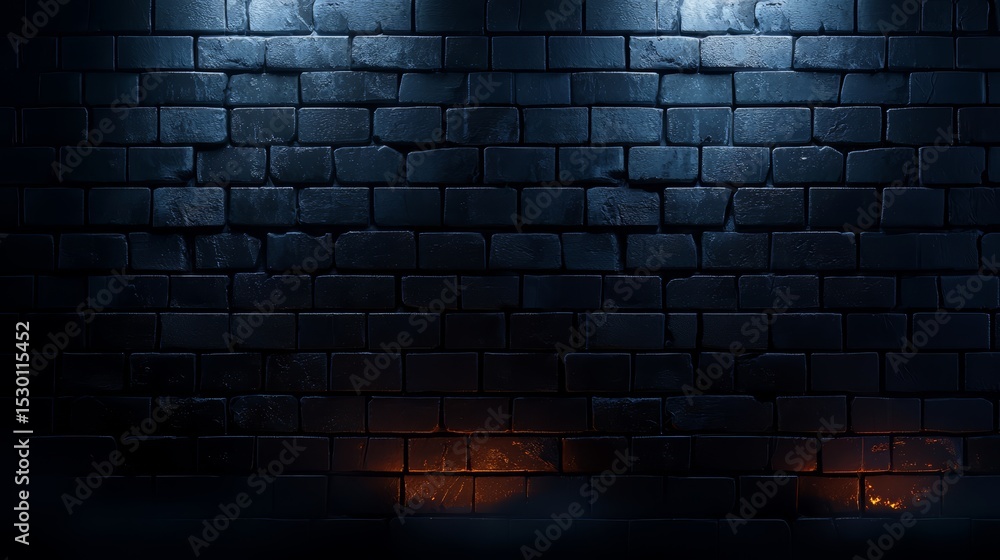 Poster dark brick wall with a blue light shining on it. the wall is empty and the light is the only thing v