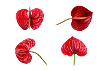 Flat-lay studio photo of bright red anthurium bloom centered, glossy studio lighting, top-down view, isolated on black background highlighting heart-shaped spathe and rich scarlet tones