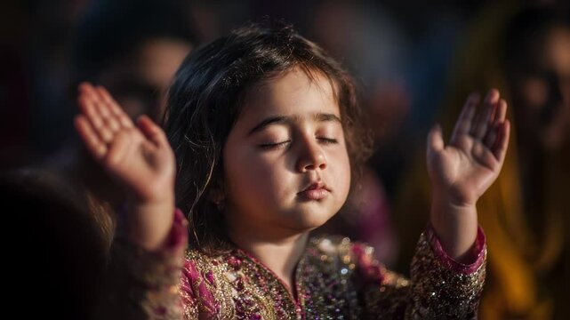 Closeup of a young child, her eyes closed and hands raised in reverence, as she joins in the sacred chant with her family during a religious ceremony.