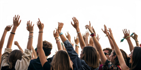 excited crowd with raised hands at concert isolated on a white - background - PNG. GENERATIVE AI