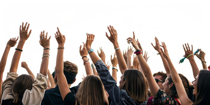 excited crowd with raised hands at concert isolated on a white - background - PNG. GENERATIVE AI