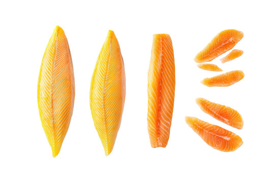 Flat-lay commercial photo of clustered fresh arctic char fish, bright studio lighting, top-down view, isolated on black background showcasing vibrant orange fillets and silvery scales