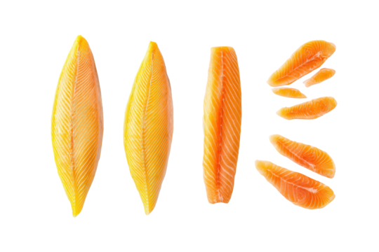 Flat-lay commercial photo of clustered fresh arctic char fish, bright studio lighting, top-down view, isolated on black background showcasing vibrant orange fillets and silvery scales