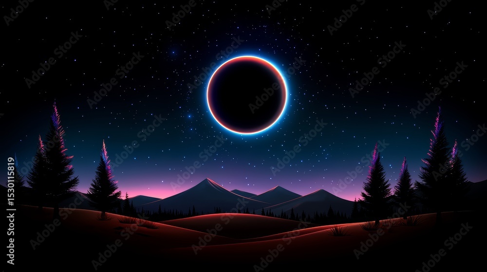 Poster dark sky with a large black circle in the middle. the sky is filled with stars and the mountains in 
