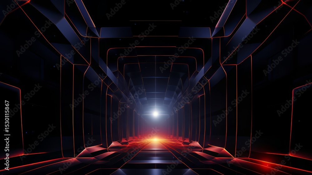 Poster dark, empty room with a bright light shining down on it. the room is filled with red and black lines